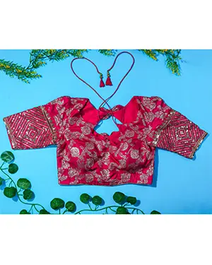 Deep Pink Brocade Halter Neck and Diamond Cut Designer Blouse